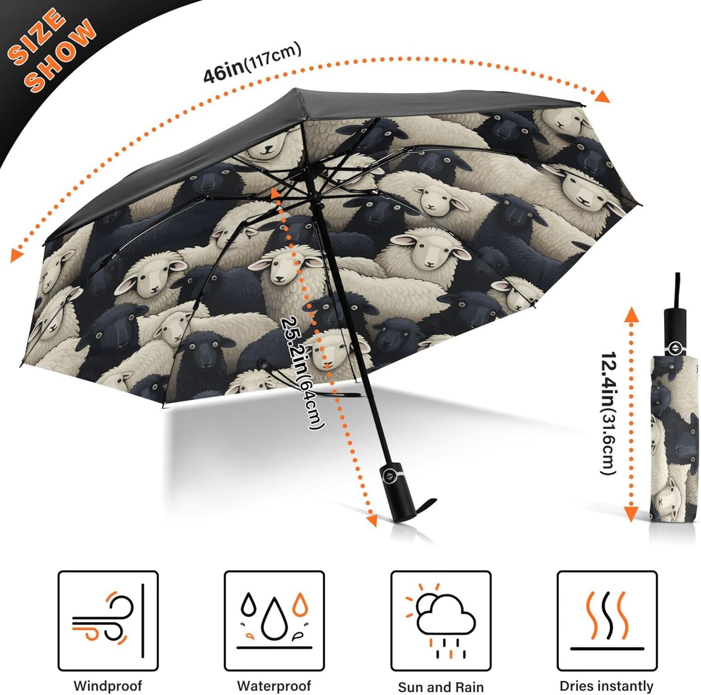 Automatic Folding Umbrella Windproof Strong, UV Protection Compact Black Gothic Moon Spider Webs