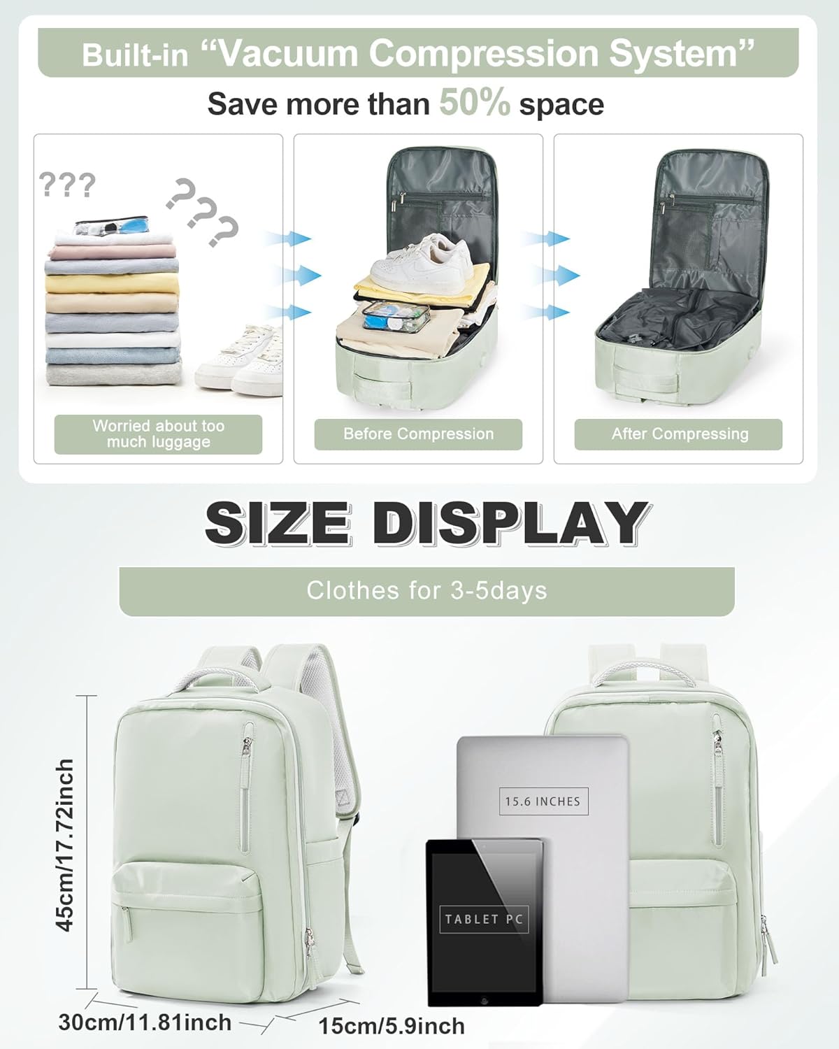VGCUB Small Travel Backpack with Vacuum System Carry on Storage Compression Personal Item Bags with Electric Pump Work Business Vacpack College Lightweight Backpack for Women Men Mint green