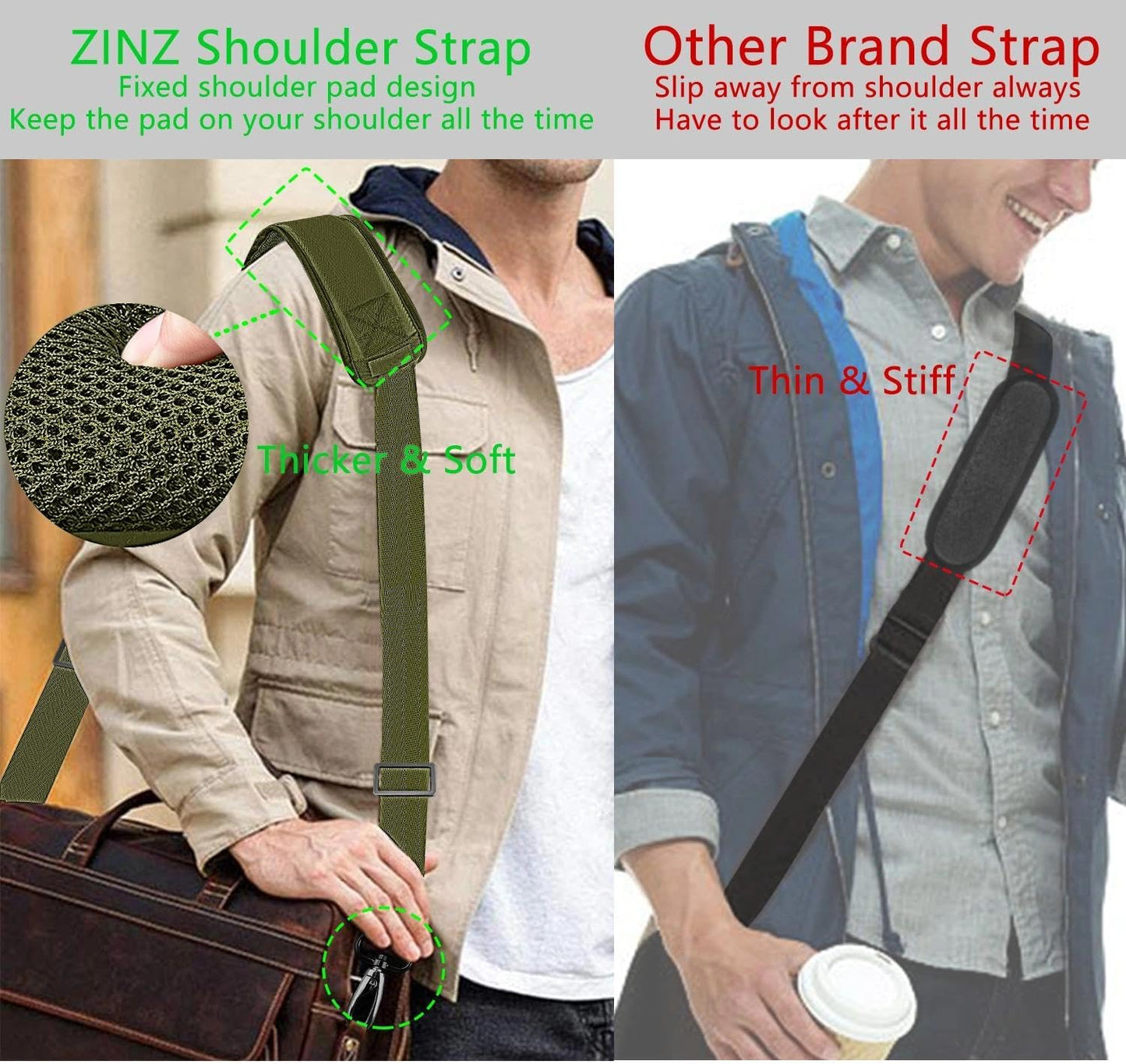ZINZ 79 inch Shoulder Strap, Extra-thick Fixed Cushion Pad and Dual Clasps Universal Replacement Strap with Metal Swivel Hooks for Laptop Bags, Luggage Bags, Camera, Crossbody(Army Green)