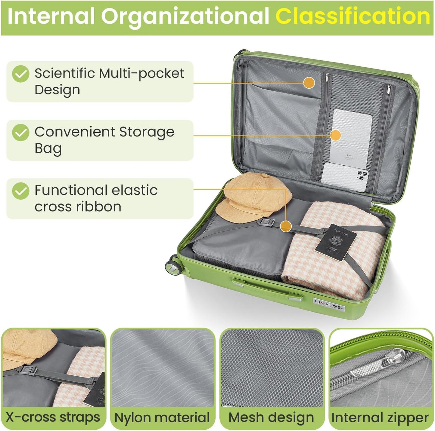 4-Piece Expandable Hardshell Luggage Set with TSA Lock (14/20/24/28) - Lightweight PP Suitcases, 360° Silent Spinner Wheels and Durable 100LB Handle for Air Travel (C# Olive Green)