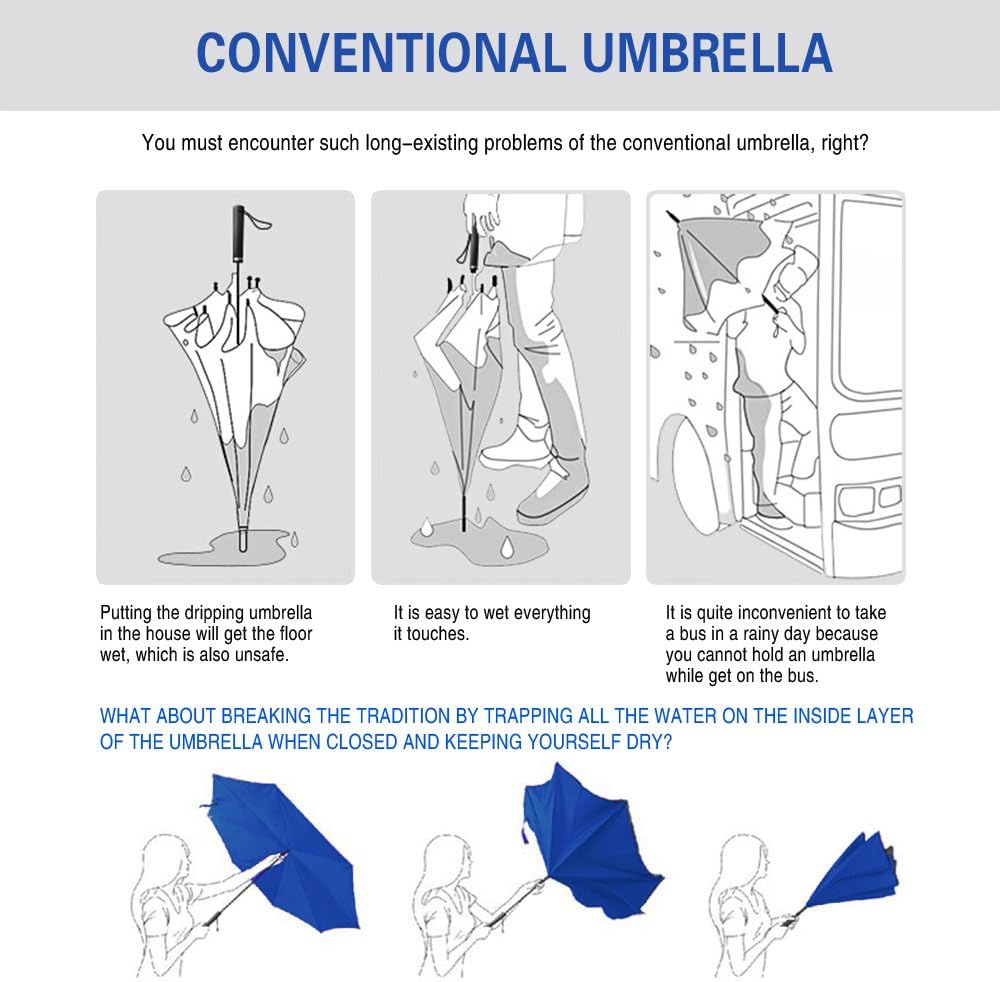 SIEPASA 49/56 Inch Inverted Reverse Upside Down Umbrella, Extra Large Double Canopy Vented Windproof Waterproof Stick Golf Umbrellas with C-shape Handle.