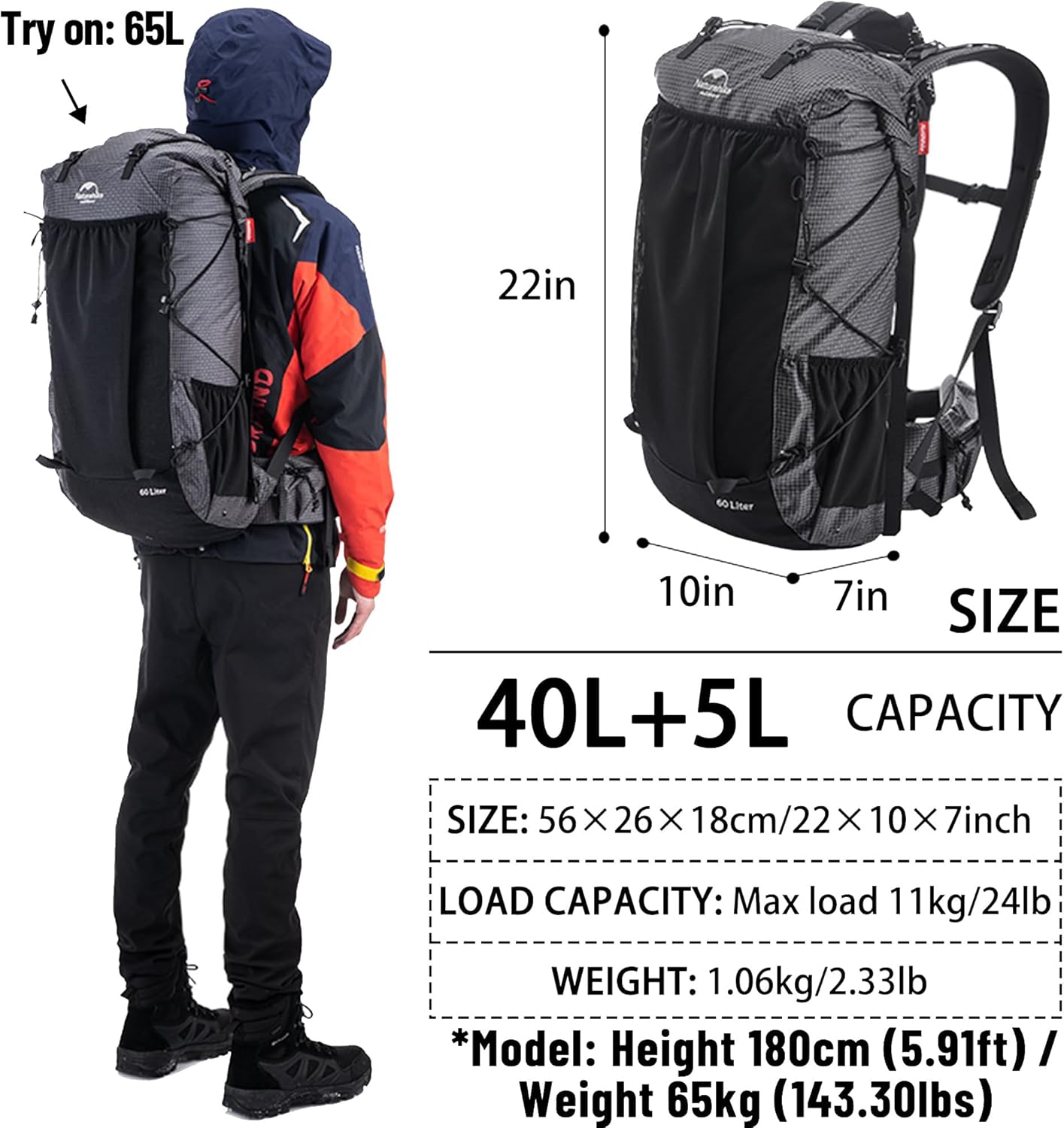 Naturehike Rock-40L/60L+5L Internal Frame Hiking backpacking backpack, Camping Waterproof Bag, Ultralight Outdoor Daypack with Rain Cover for Hiking, Backpacking,Camping Survival(60+5L(updated))