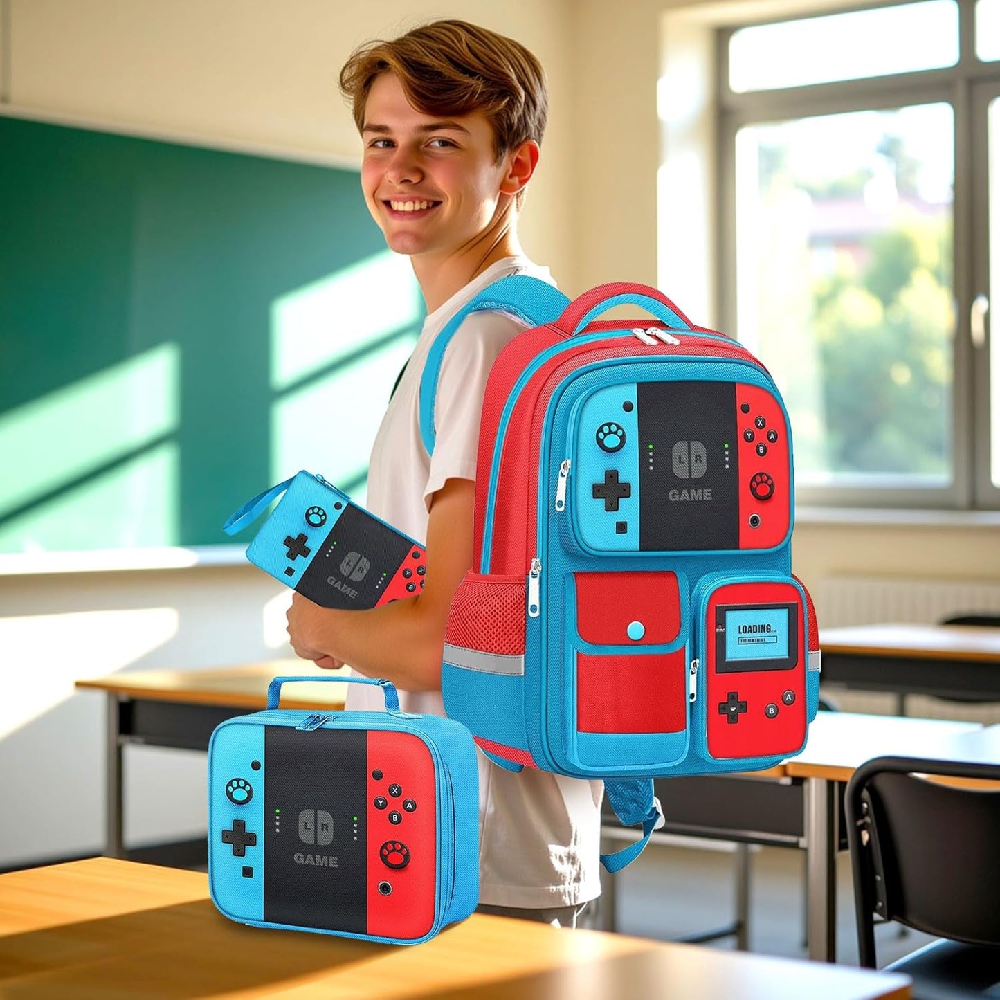 3 Piece School Backpack Set for Boys Girls–Includes 17" Gamer Bookbag, Insulated Lunch Box, Pencil Case–Video Game Controller Design, Durable Lightweight Back to School Bag for Kids and Teens