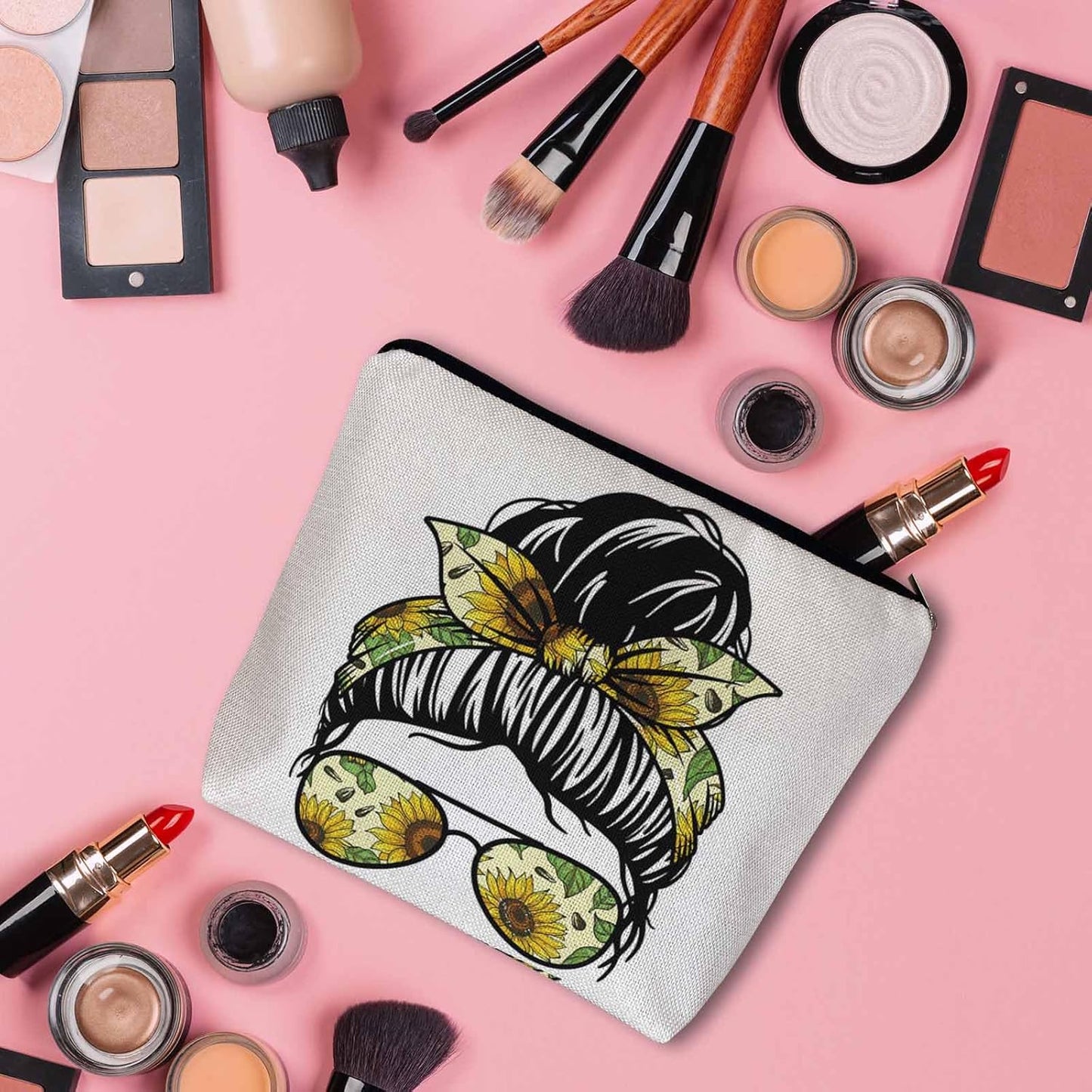 Women Makeup Organizer Bag Sunflower Woman, Messy Bun Woman Sunflowers Glasses Flax Cosmetic Bag Makeup Bags Toiletry Bag Accessories Organizer Travel Bags For Home Bathroom Office Hotel Gym
