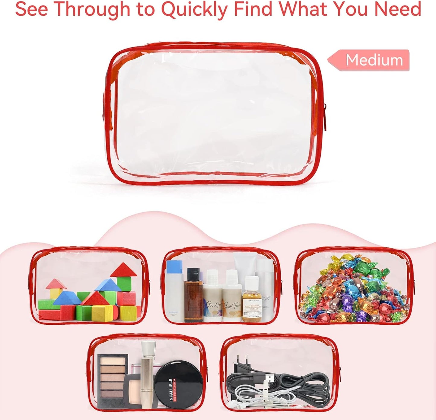 TISRATOK 12 PCS Clear Makeup Bag for Women with Zipper, TSA Approved Toiletry Pouch, Cosmetic Bag