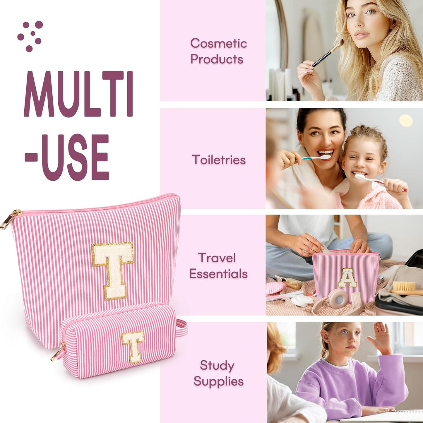 2 PCS Initial Makeup Bags for Women: Cosmetic Bag for Travel Toiletry - Birthday Gifts for 11 12 13 14 15 16 17 18 Years Old Girl Graduation Teacher Gift- Teen Girl Gifts Trendy Stuff - Pink T