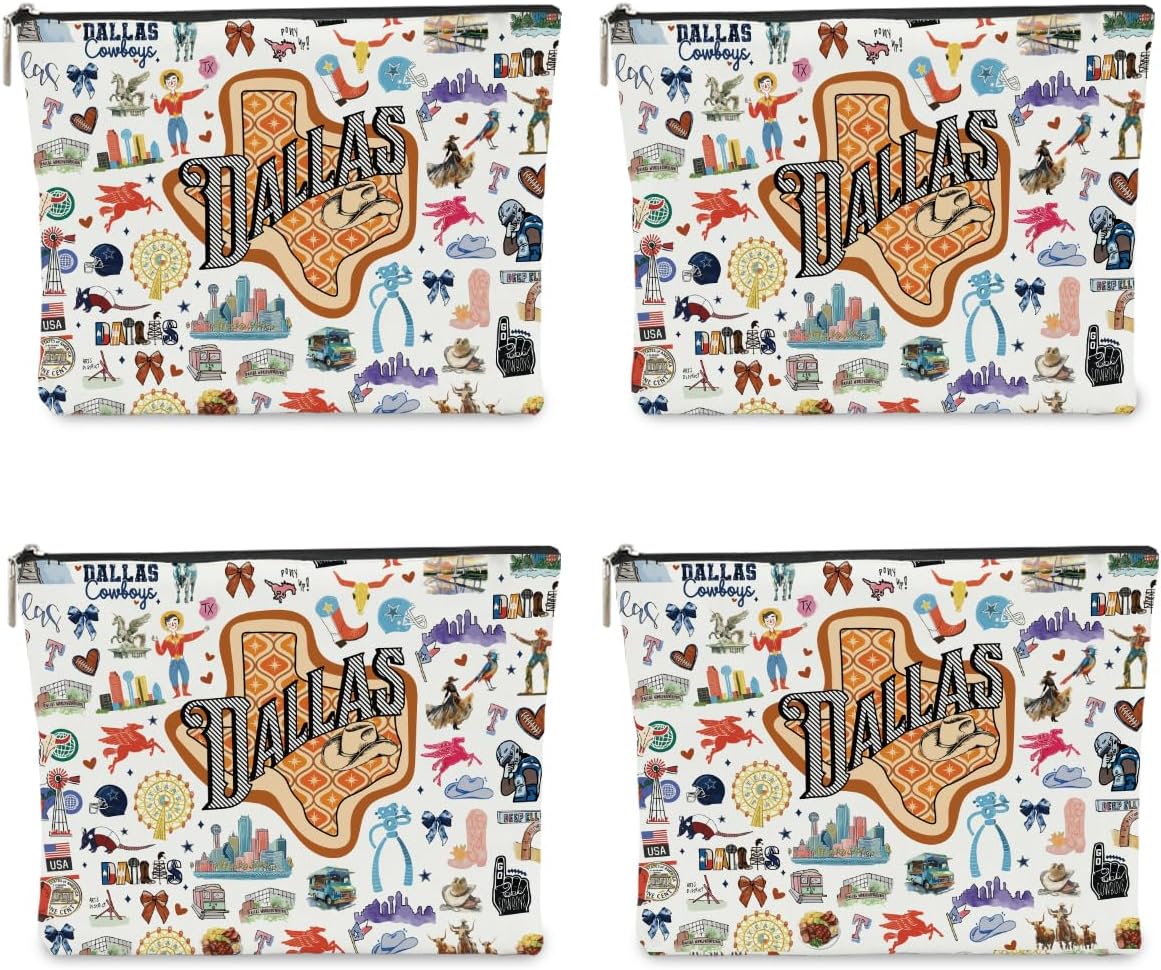 4PCS Dallas Themed Makeup Bag - Dallas Souvenirs Gift for Women, Best Friend, Sister - Travel Friendly Cosmetic Bag, Birthday Christmas Gifts