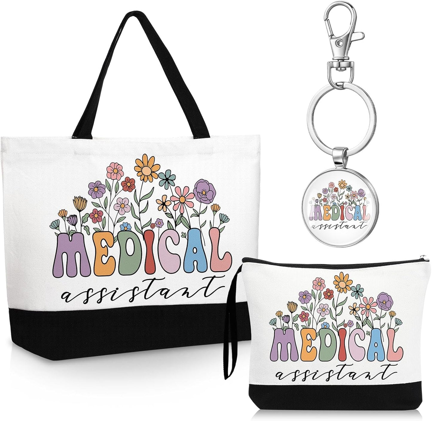 Kacctyen 3 Pcs Medical Assistant Gifts Fine Canvas Tote Bag Mental Healthy Makeup Cosmetic Bag Administrative Assistant Appreciation Keychains Gifts for Women Medical Birthday Christmas