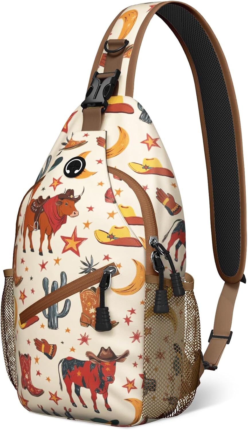 Brown Western Sling Bag Crossbody Chest Bag for Women Men, Water Resistant Lightweight Casual