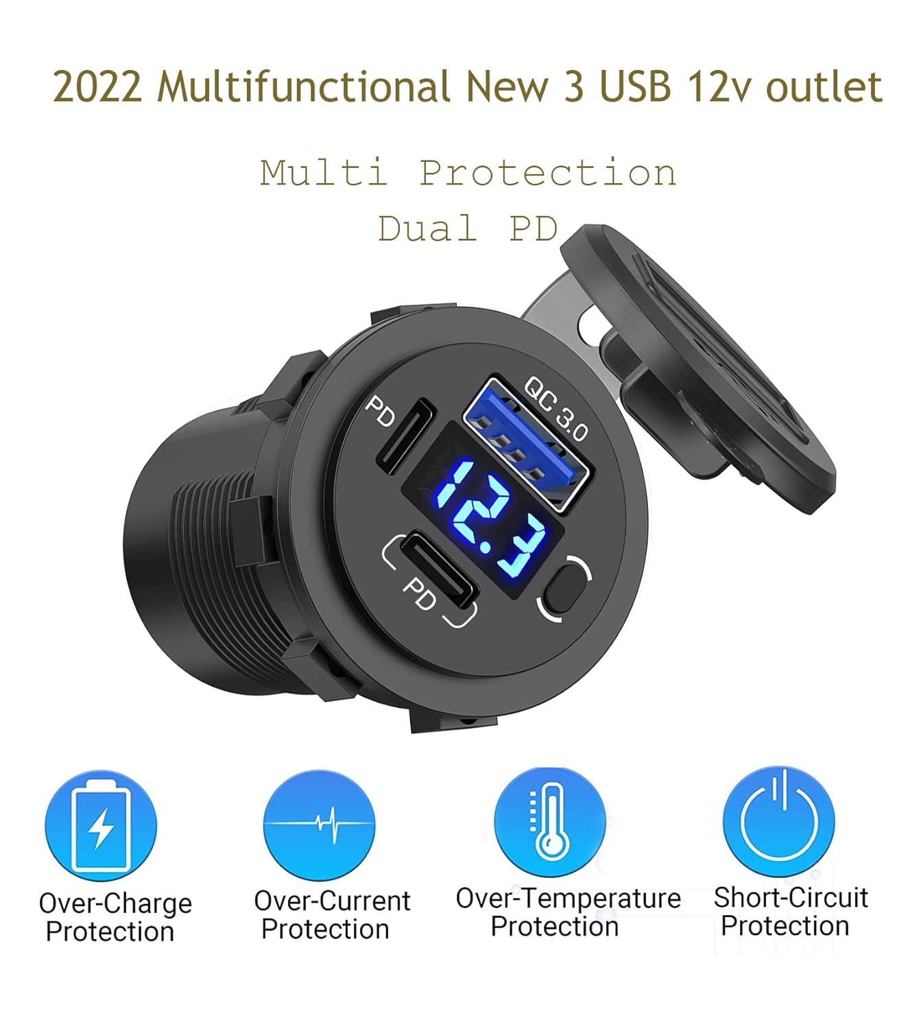 12V USB Outlet, Dual USB C Car Charger Socket & Quick Charge 3.0 Port with Voltmeter and Power Switch for Car Boat Marine Truck 2 Pack