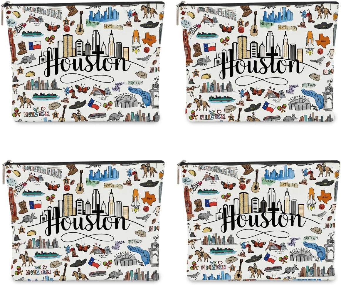 4PCS Houston Themed Makeup Bag - Houston Souvenirs Gift for Women, Travel Friendly Cosmetic Bag