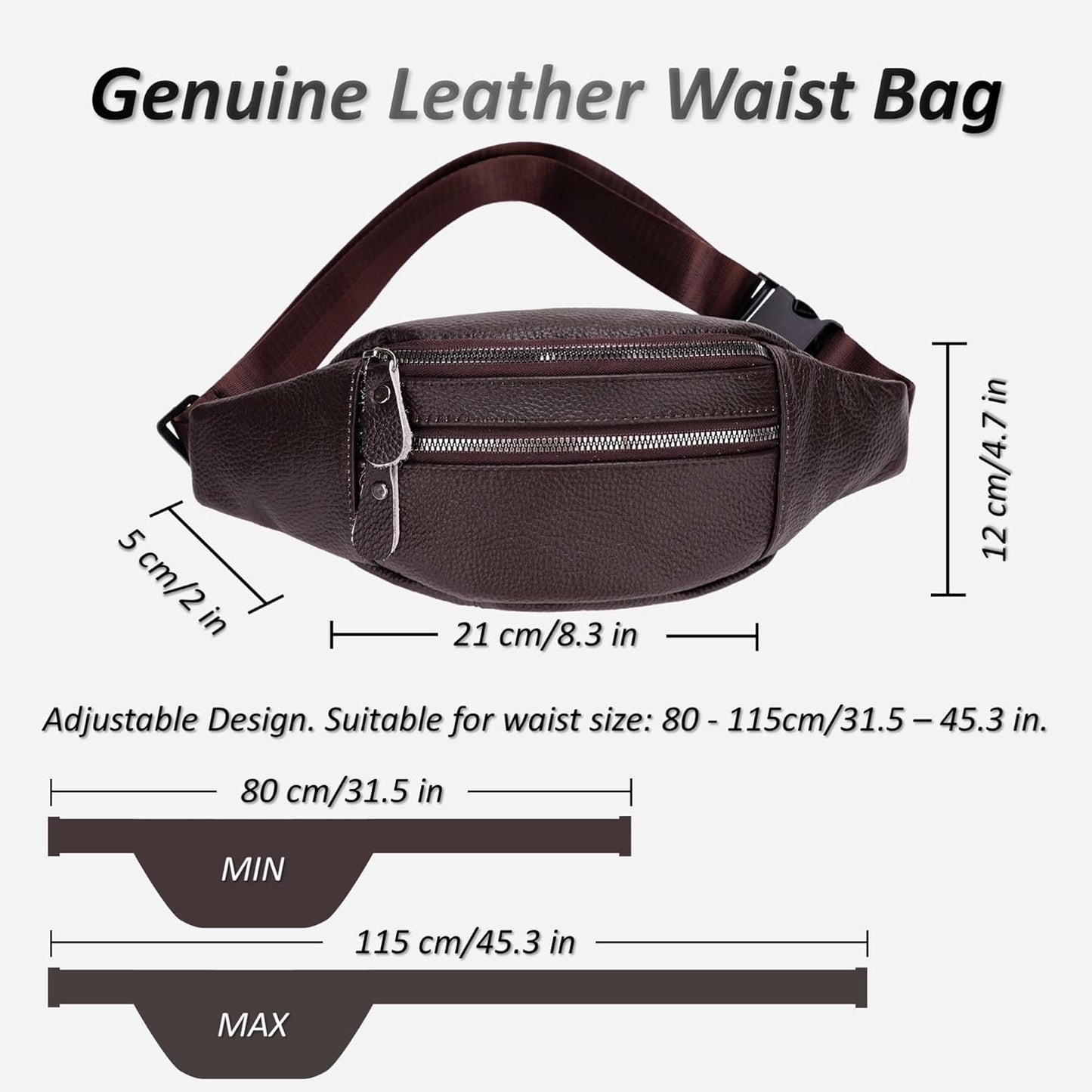 Genuine Leather Waist Bag, Outdoor Travel Waist Pack, Cowhide Leather Fanny Pack with Adjustable Strap, Suitable for Travelling, Outdoor Hiking, Cycling, Running - Brown & Small