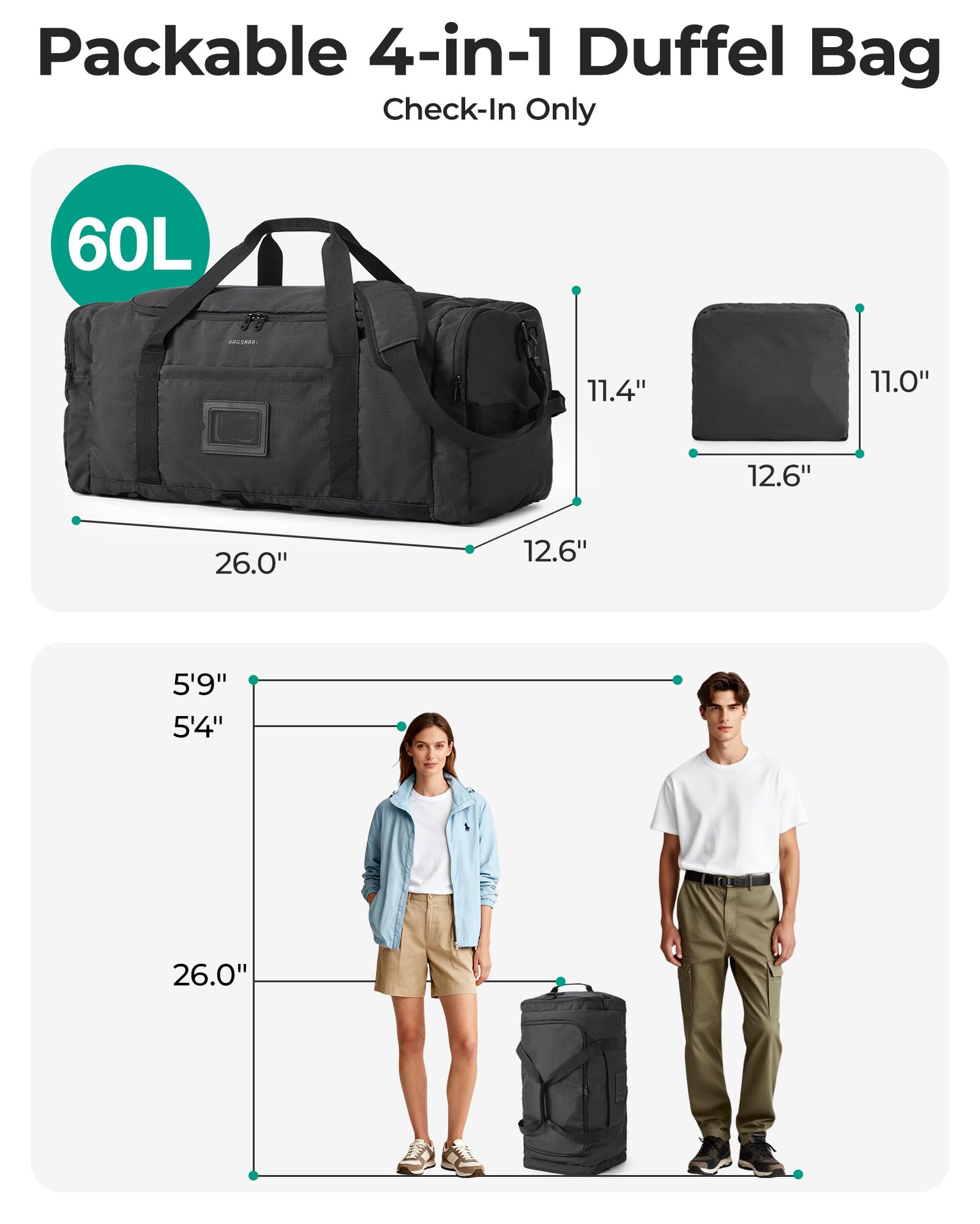 BAGSAMRT 60L Foldable Duffle Bag for Travel, Large Travel Duffel Bag for Men, 4 in 1 Travel