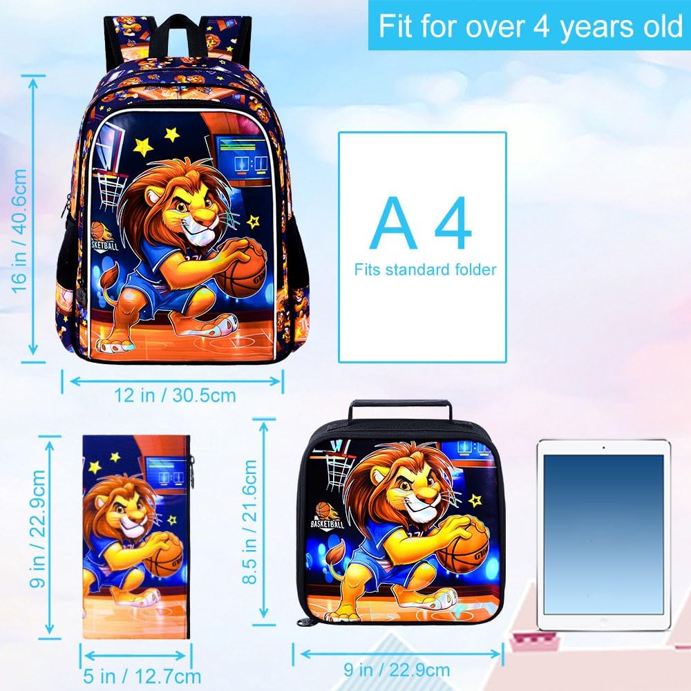 3PCS Dinosaur Backpack for Boys, 16 Inch Kids Water Resistant Preschool Elementary Kindergarten Bookbags and Lunch Box