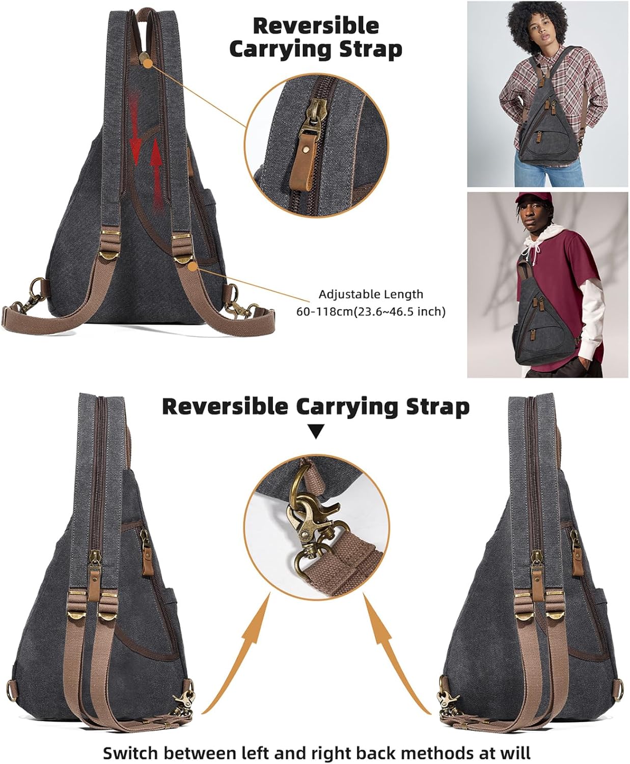 KL928 Canvas Sling Bag - Small Crossbody Backpack Shoulder Casual Daypack Rucksack for Men