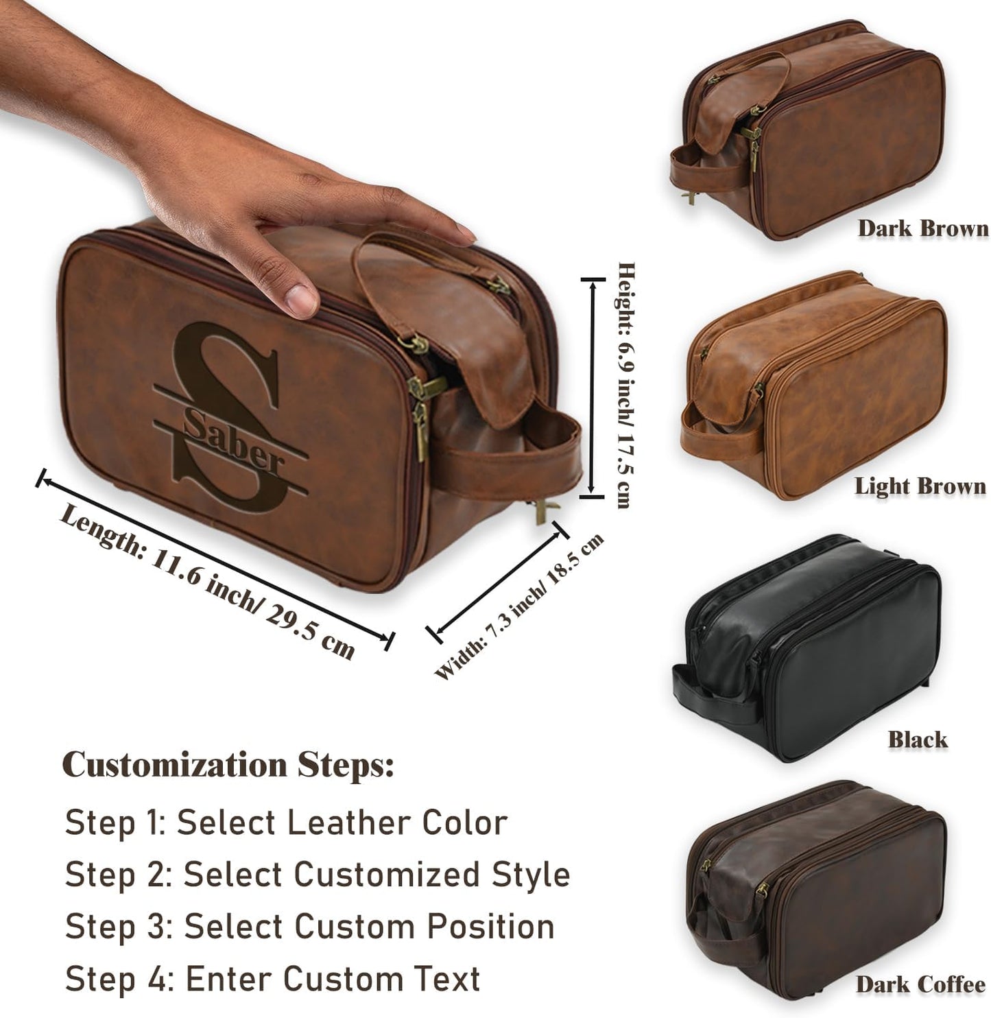 Personalized Toiletry Bag for Men, Large Capacity Custom Name Initials PU Leather Dopp Kit, Groomsmen Gift, Customized Travel Monogrammed Travel Shaving Bag, Handcrafted for Dad, Husband, Grandpa