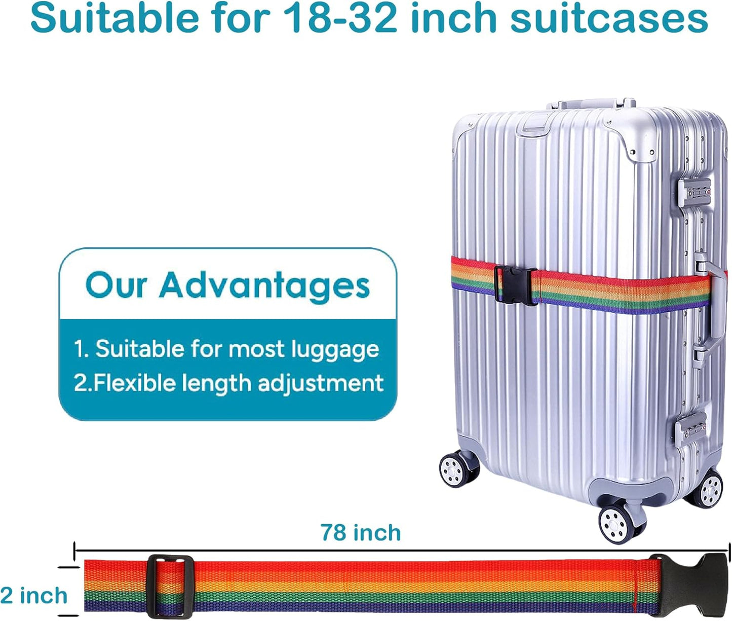 Nylon Luggage Straps for Suitcase Security Identification Accessories,Heavy Duty Packing Belt with Buckle Adjustable Length for 20"-34" Size Travel Case, 2 Packs Rainbow Colors 2M Length