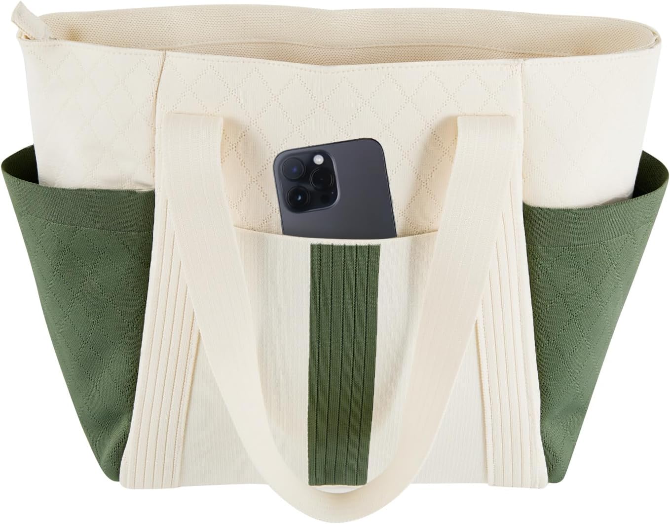 Large Canvas Tote Bag,White and Green, with Laptop Sleeve and Multiple Pockets