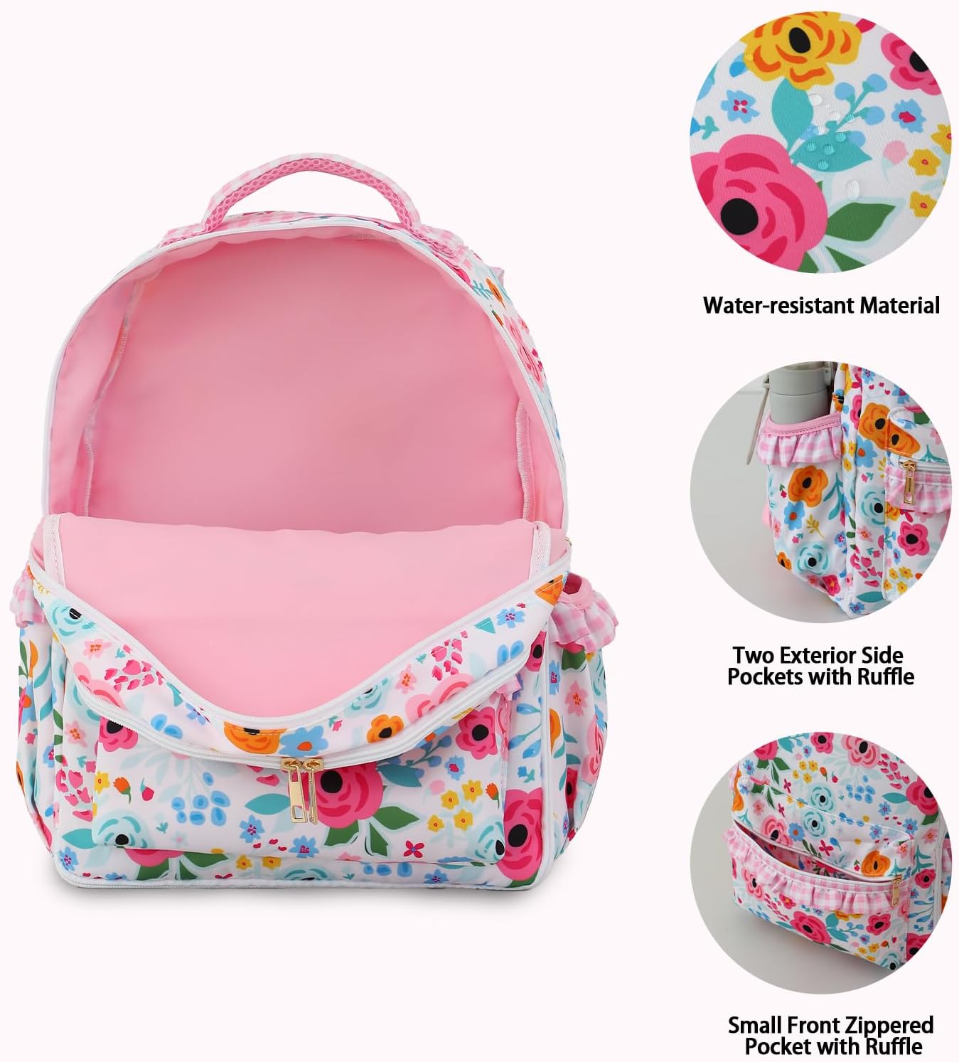 DYSHAYEN Kids Backpack for Girls, 15" Ruffled Backpack for School Kindergarten Bookbag 5-8, Fully Opened Compartment (Flower)