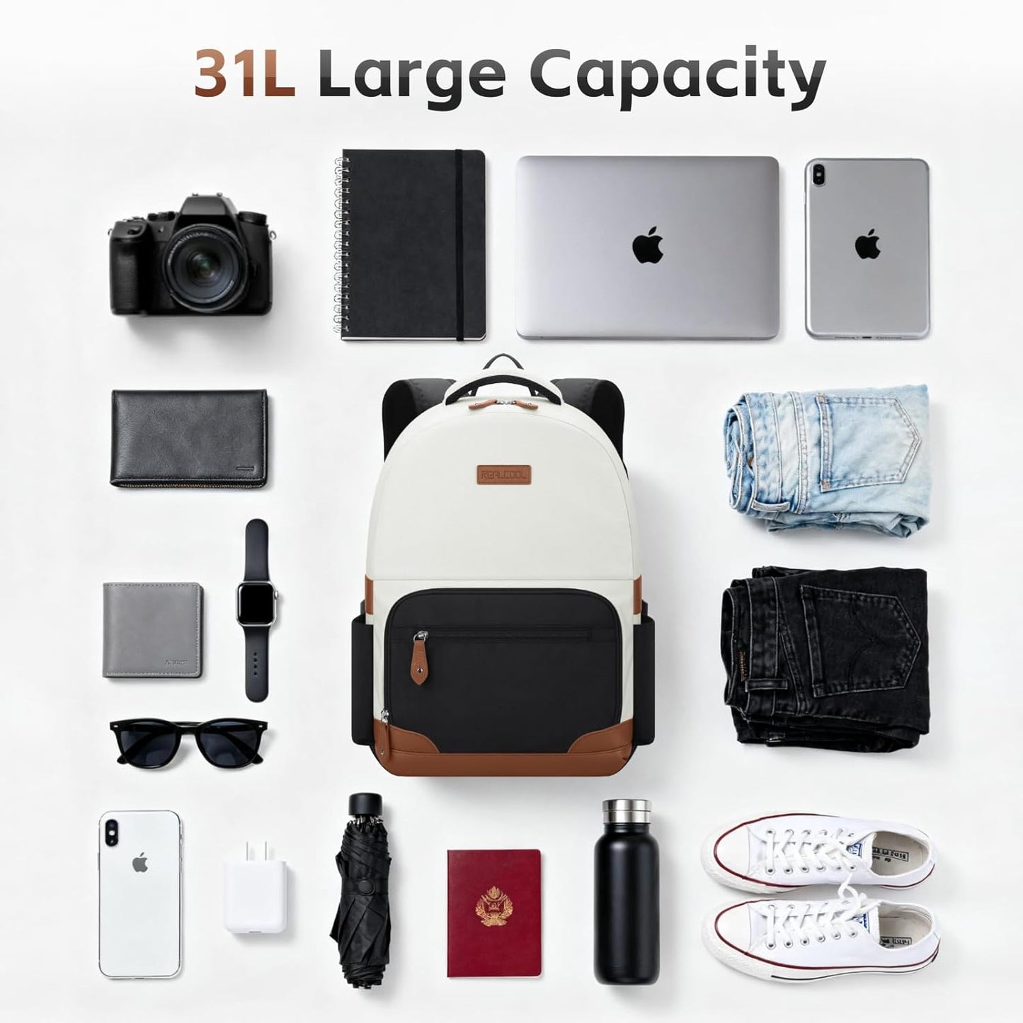 RealCool Laptop Backpack, 31L Travel Backpacks for Women Men, Fits up to 15.6-17 Inch,Water Resistant College Bookbag, for School Business Trip (Beige-Black)