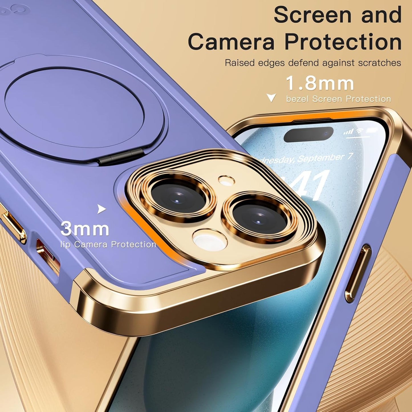 COOLQO for iPhone 15 Plus Case 6.7'' Upgraded 360° Spin Magnetic Stand [Compatible with Magsafe][Military Protection] Shockproof Protective Phone Holder Cover for iPhone 15 Plus, Purple Gold