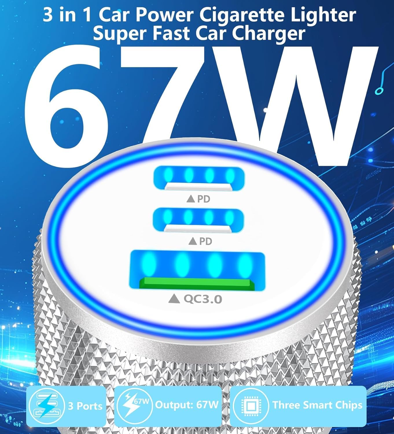 USB C Car Charger for iPhone 17, BAOYUANDA 67W 3-Port USB-C & USB-A Fast Car Charger Cigarette Lighter with 2Pack 3FT USB C to C Cable Fast Charging for iPhone 17/Air/16 Plus/16 Pro/16 Pro Max, iPad