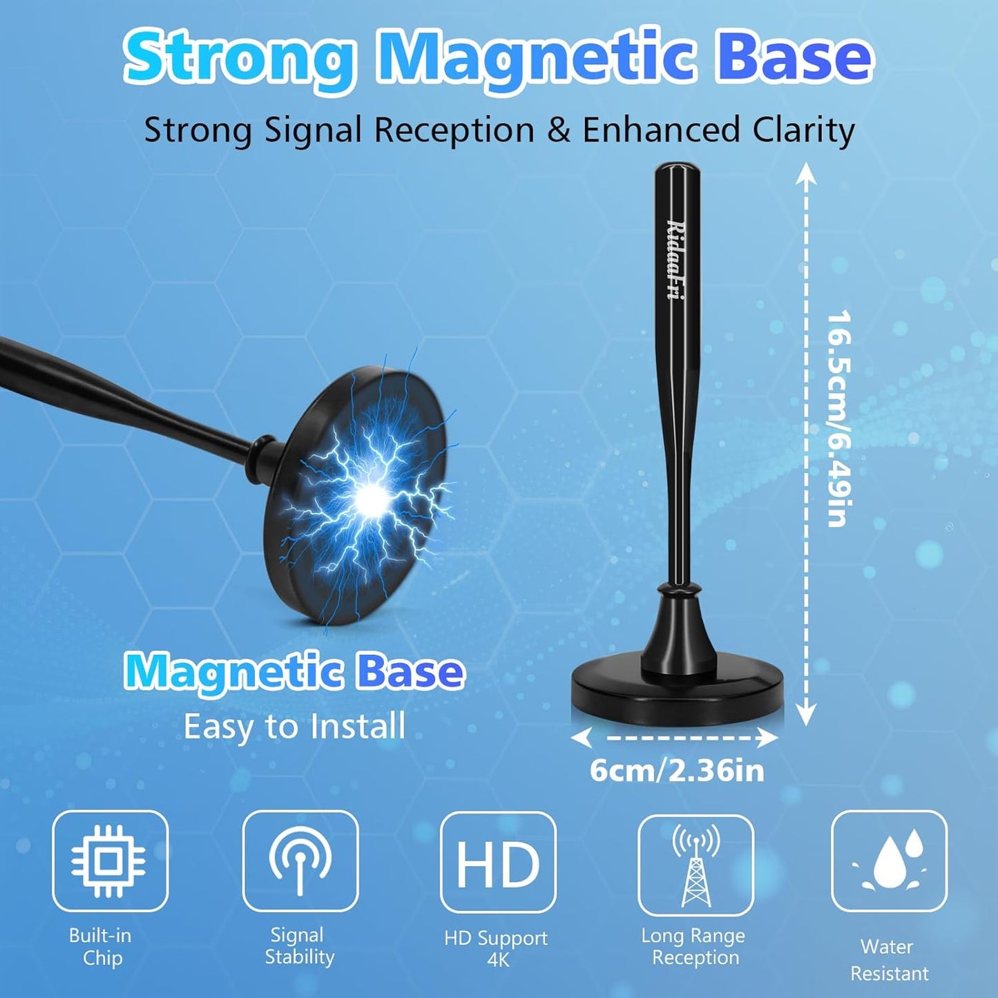 RidaaFri TV Antenna for Smart TV Indoor, HD Digital Antenna with Strong Magnetic Base, 360° Rotation for Enhanced Reception of Local Channels in 4K 1080P, Easy Installation with 16FT Coax Cable