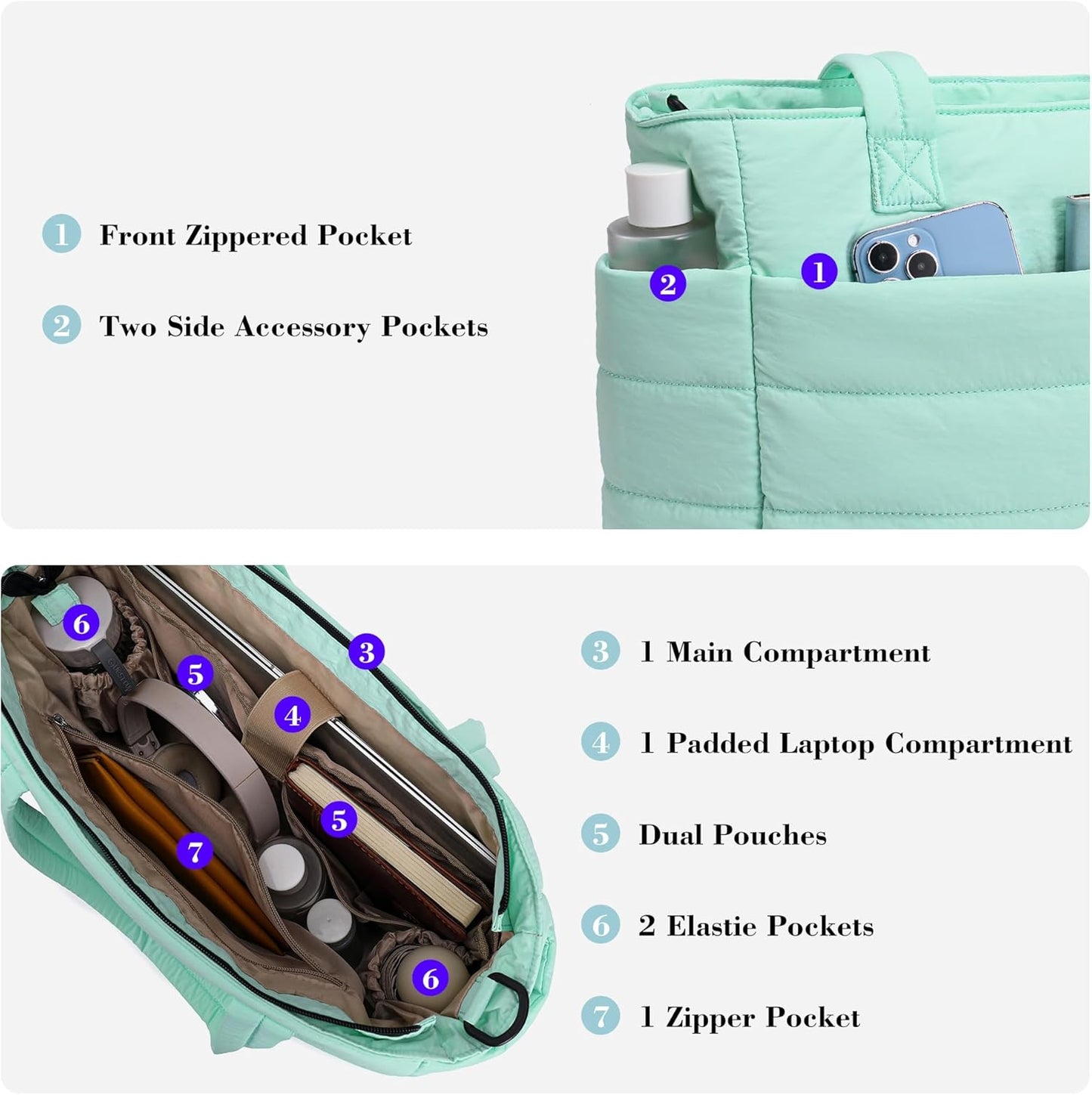 AOCINA Puffy Tote Bag for Women Quilted Work Bag Nurse Bags Women's Handbags for Travel