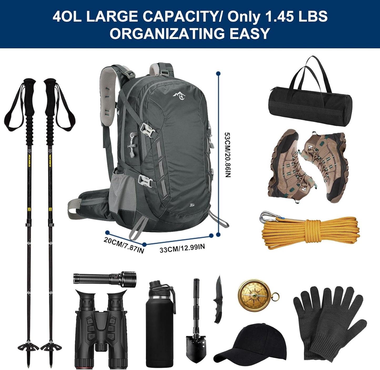 Long Keeper 40L Hiking Backpack Camping Daypack with Waterproof Rain Cover Lightweight Outdoor