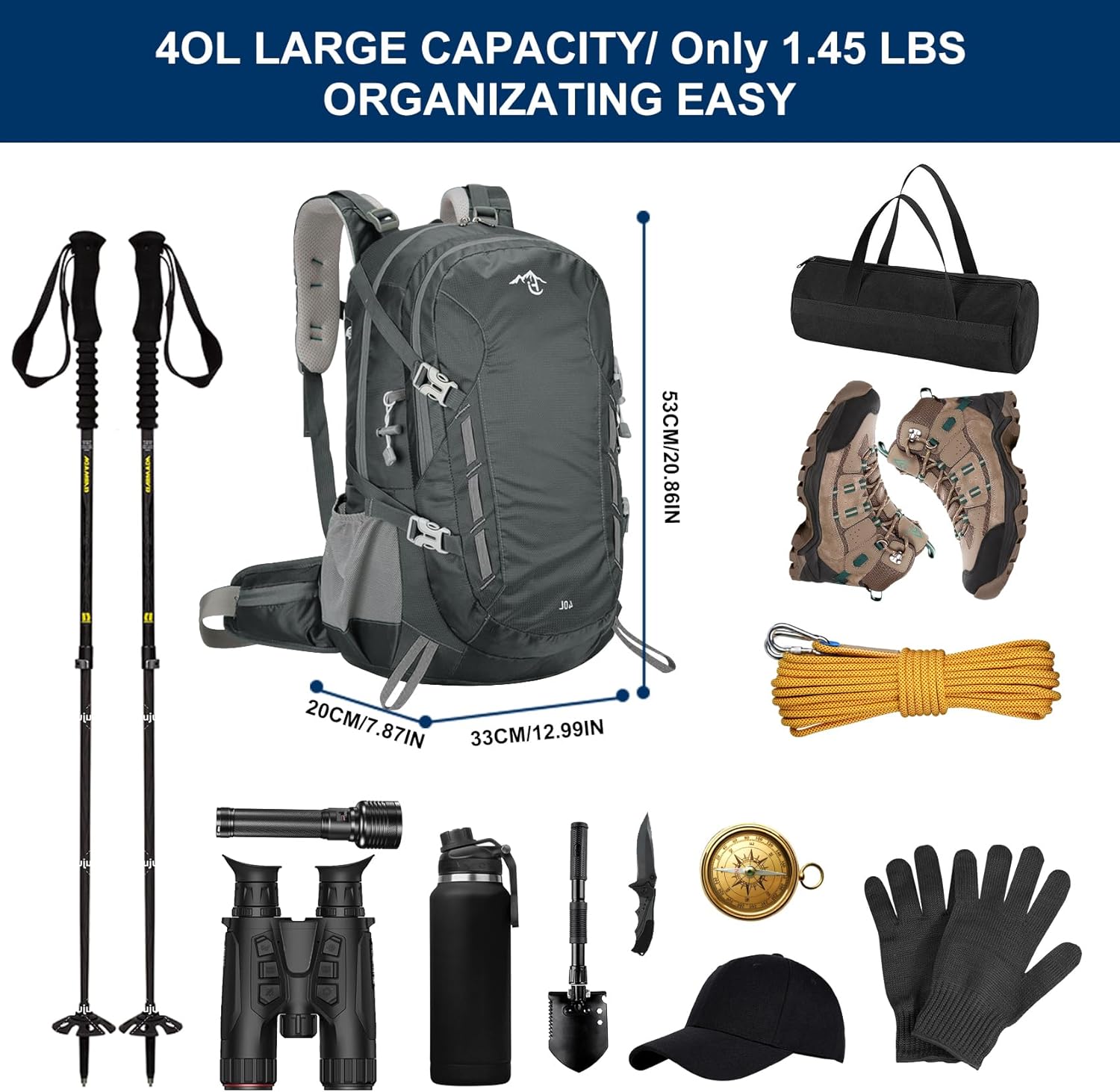 Long Keeper 40L Hiking Backpack Camping Daypack with Waterproof Rain Cover Lightweight Outdoor