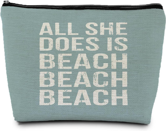 Blue Beach Makeup Bag, Sea Lover Gift, Summer Coastal Cosmetic Makeup Bag, All She Does is Beach Ocean Pouch Purse， Gifts for a Beach Lover