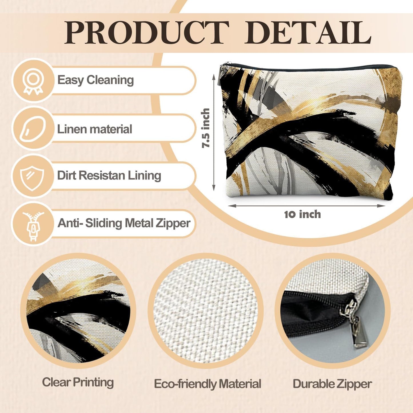 Abstract Black and Gold Makeup Bag, Boho Black White and Gold Cosmetic Bags for Women, Boho Gifts for Women, Mid Century Modern Zipper Makeup Pouch