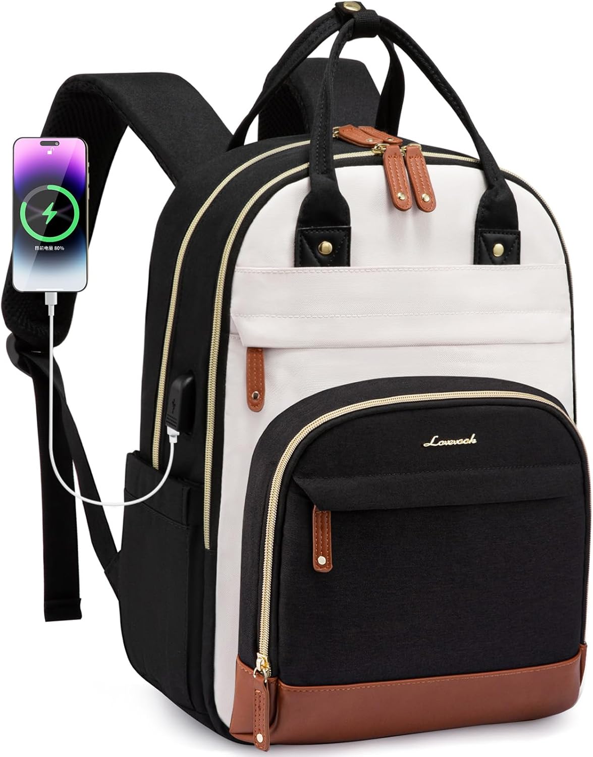 LOVEVOOK Backpack Purse for Women, Fits 17 Inch Laptop, Fashion Travel Work Anti-theft Bag, Business Computer Waterproof University Backpacks, Beige-Black-Brown