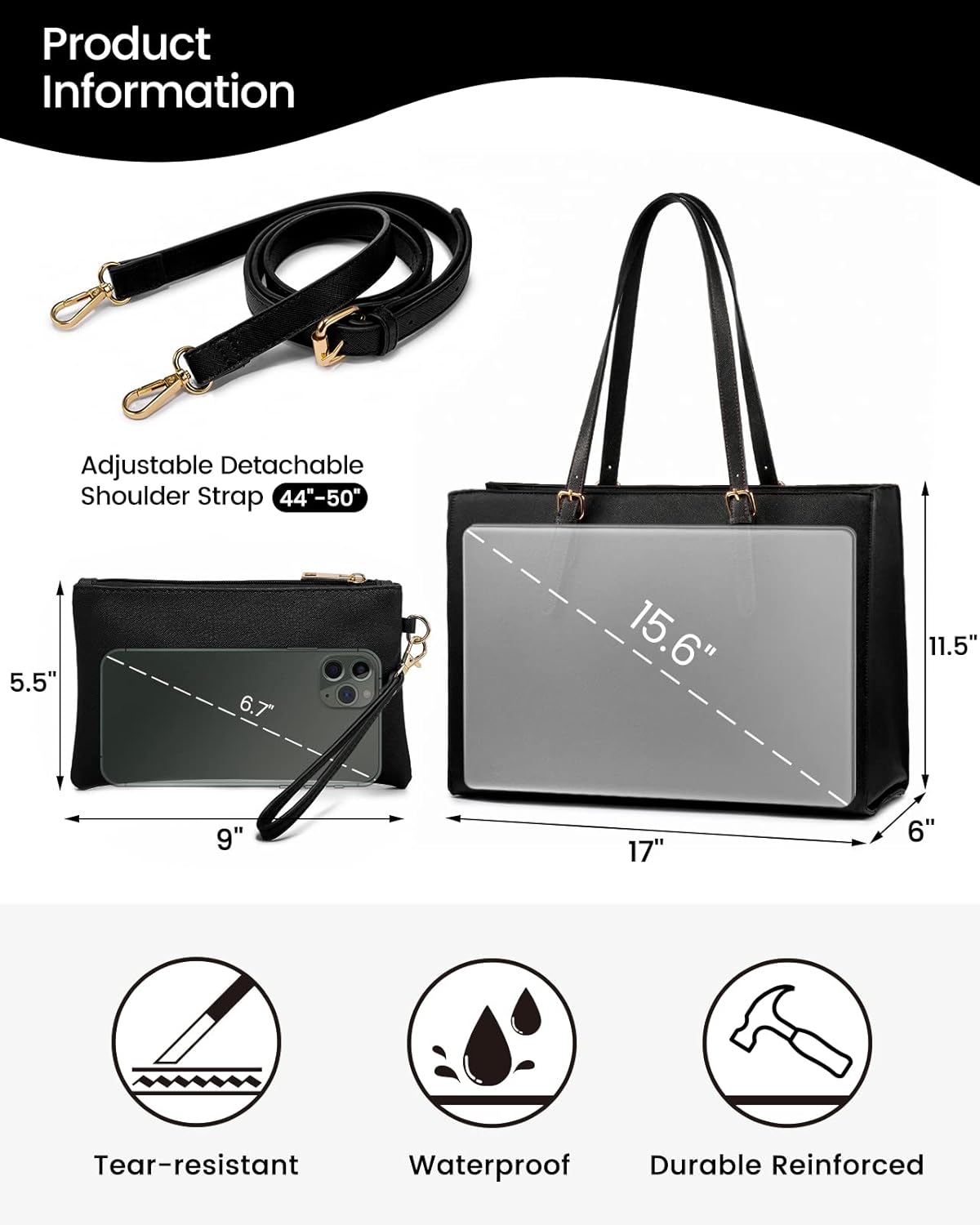 LOVEVOOK Laptop Tote Bag for Women, Large Briefcase for 15.6 Inch Computer Waterproof PU Leather Shoulder Bag with USB Charging Port, Business Office Work Shoulder Handbag Purse 2Pcs Set, Black