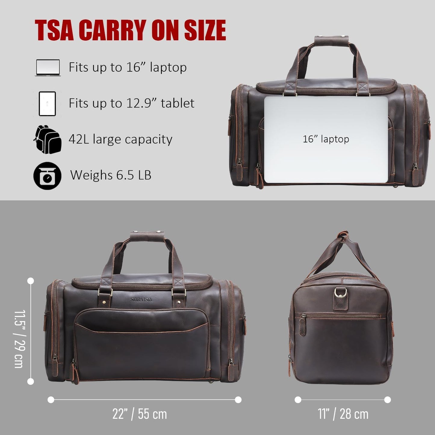 STAR VISTA Voyager-04 Luxury Travel Duffel Bag, Full Grain Cowhide Leather, Premium Canvas Lining, Padded Laptop Compartment, Multiple Pockets, 22 inch Carry-on Size