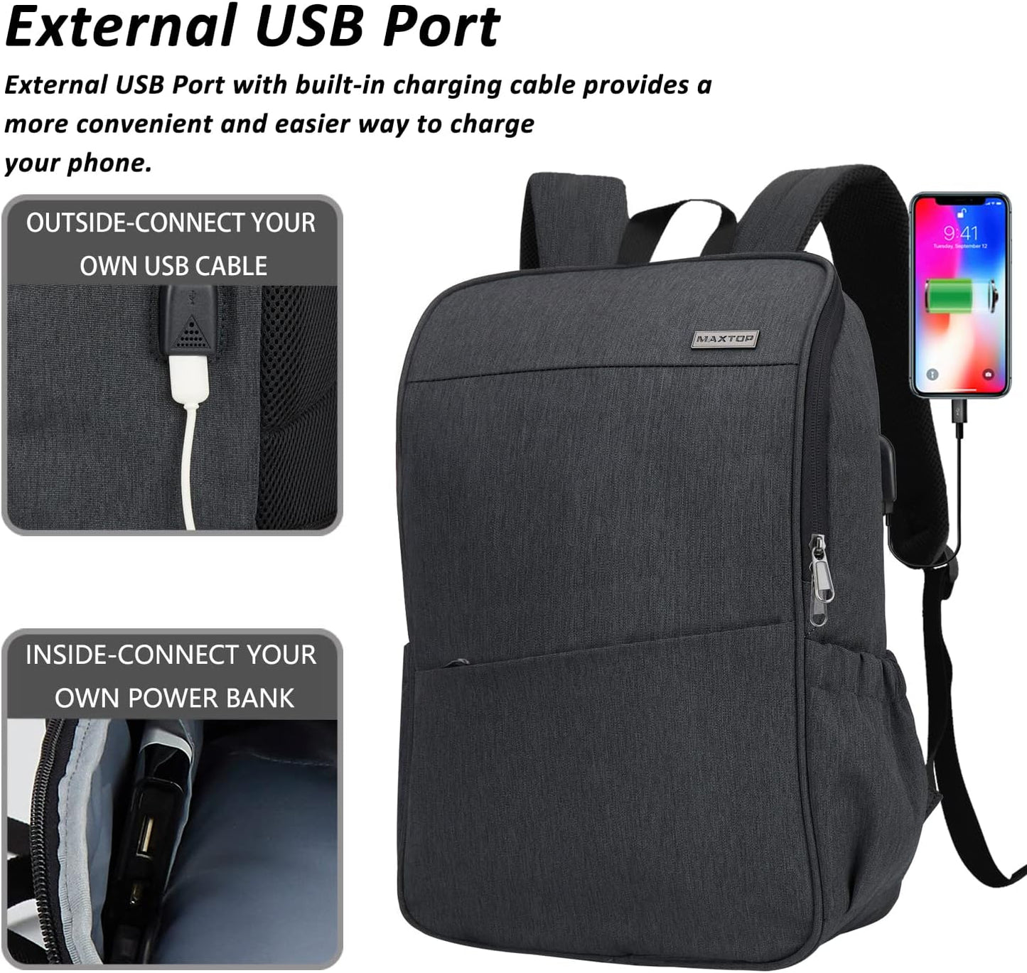 MAXTOP Laptop Backpack for Women Men College Bookbag Business Travel Backpack Water Resistant Computer Backpack with USB Charging Port Fits 15.6 Inch Laptop