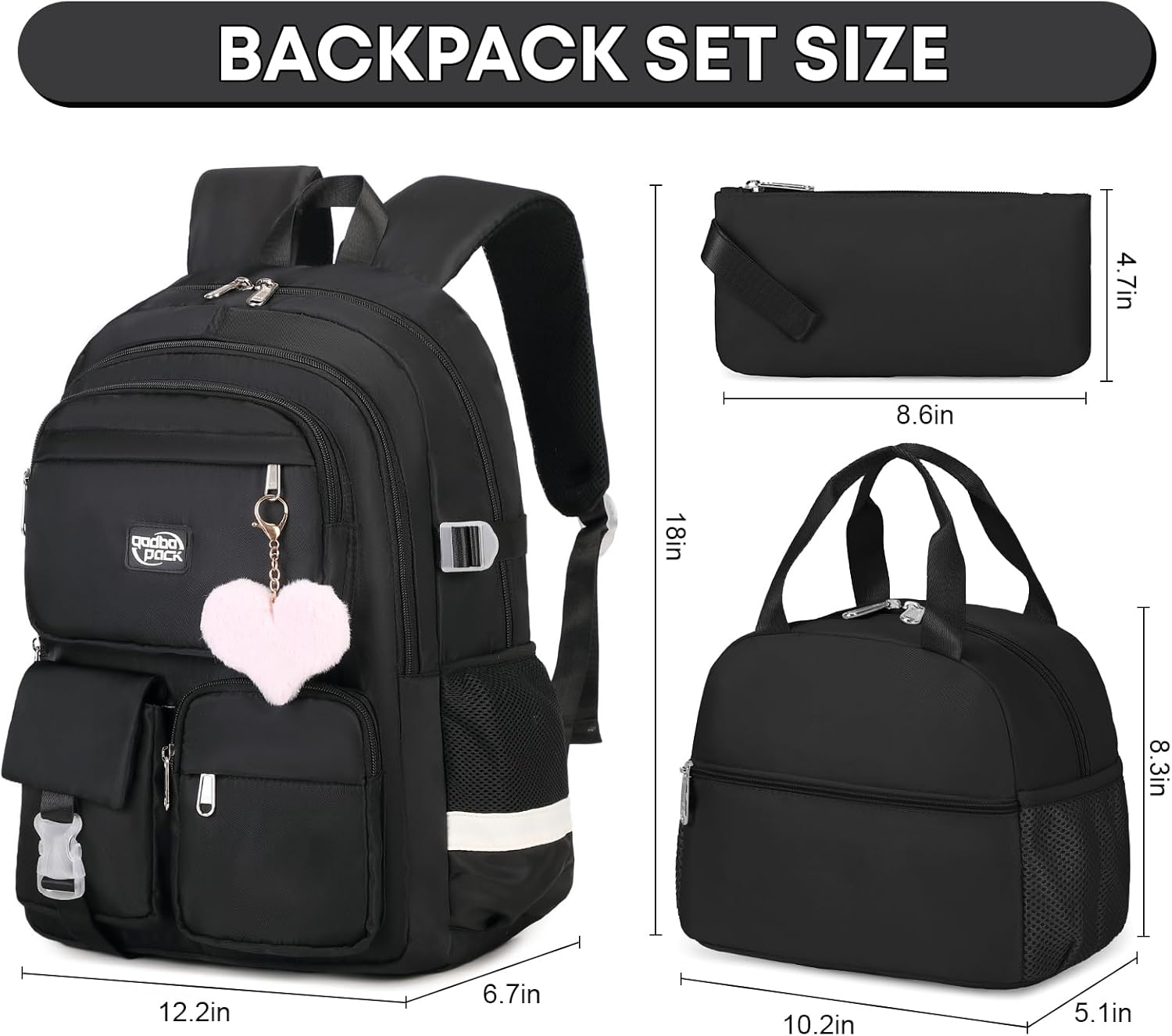 3PCS School Backpack For Student Women College Middle High Teen Girls Bookbag Waterproof Laptop Bag