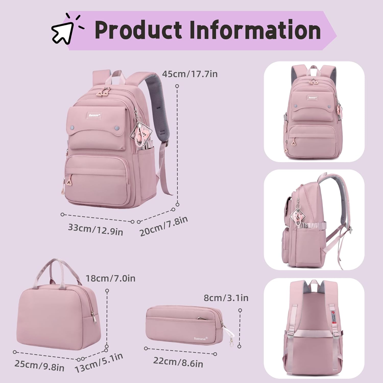 3Pcs Beige Girls Backpack and Lunchbox Set for School Kids, Solid Color Cream School Bag Backpack