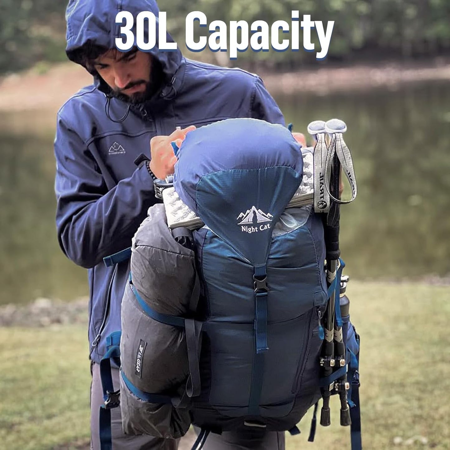 Night Cat Internal-frame Hiking Backpack: 30L Camping Backpack for Men Women Lightweight Waterproof Rain Cover Blue