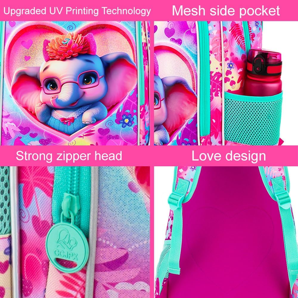3PCS Girls Backpack, Kids Water Resistant Heart Bookbag Set with Lunch Box, Cute Kids School Bag for Preschool Toddler