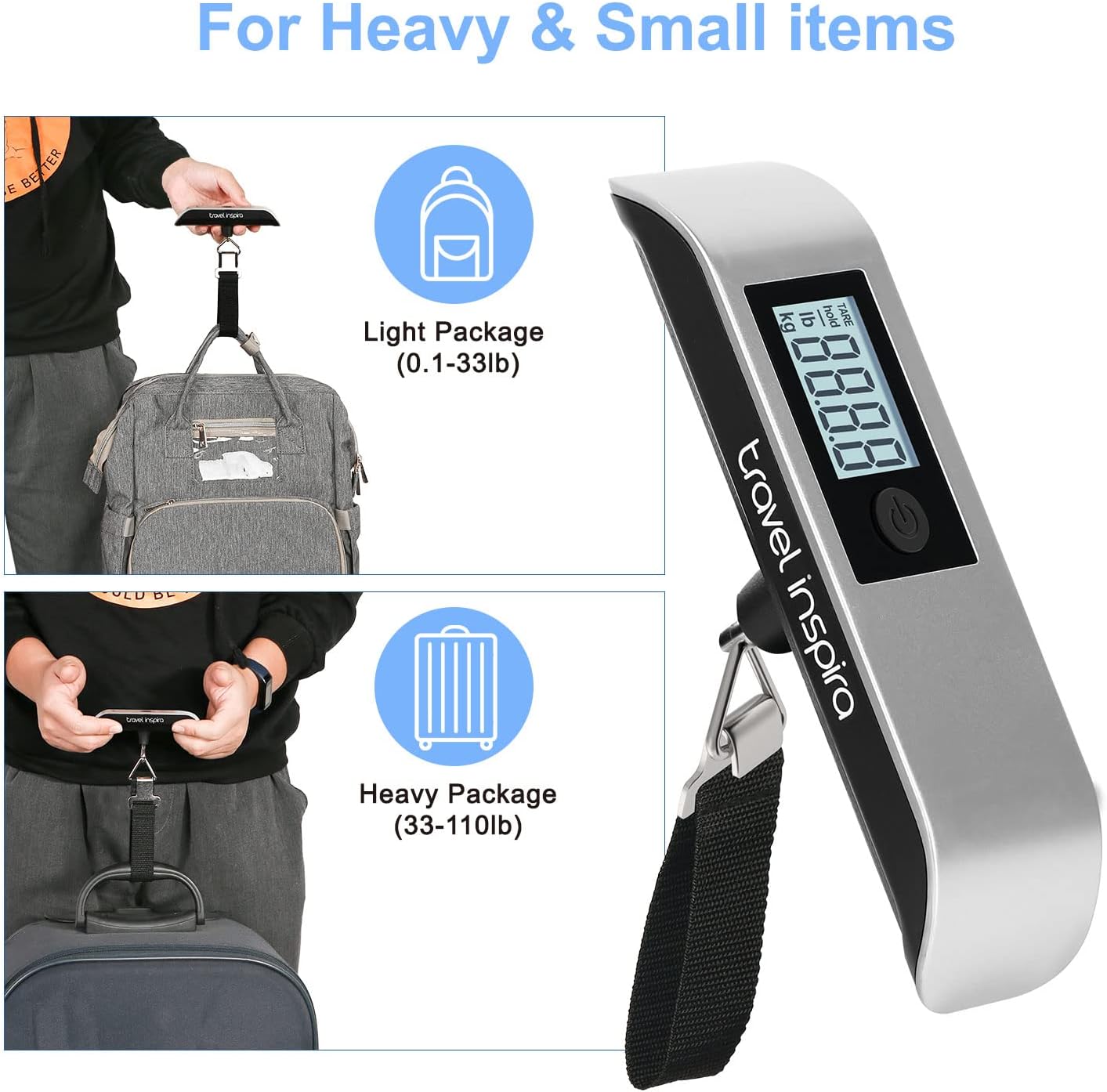 travel inspira Luggage Scale, Portable Digital Hanging Baggage Scale for Travel, Suitcase Weight Scale with Rubber Paint, 110 Pounds, Battery Included