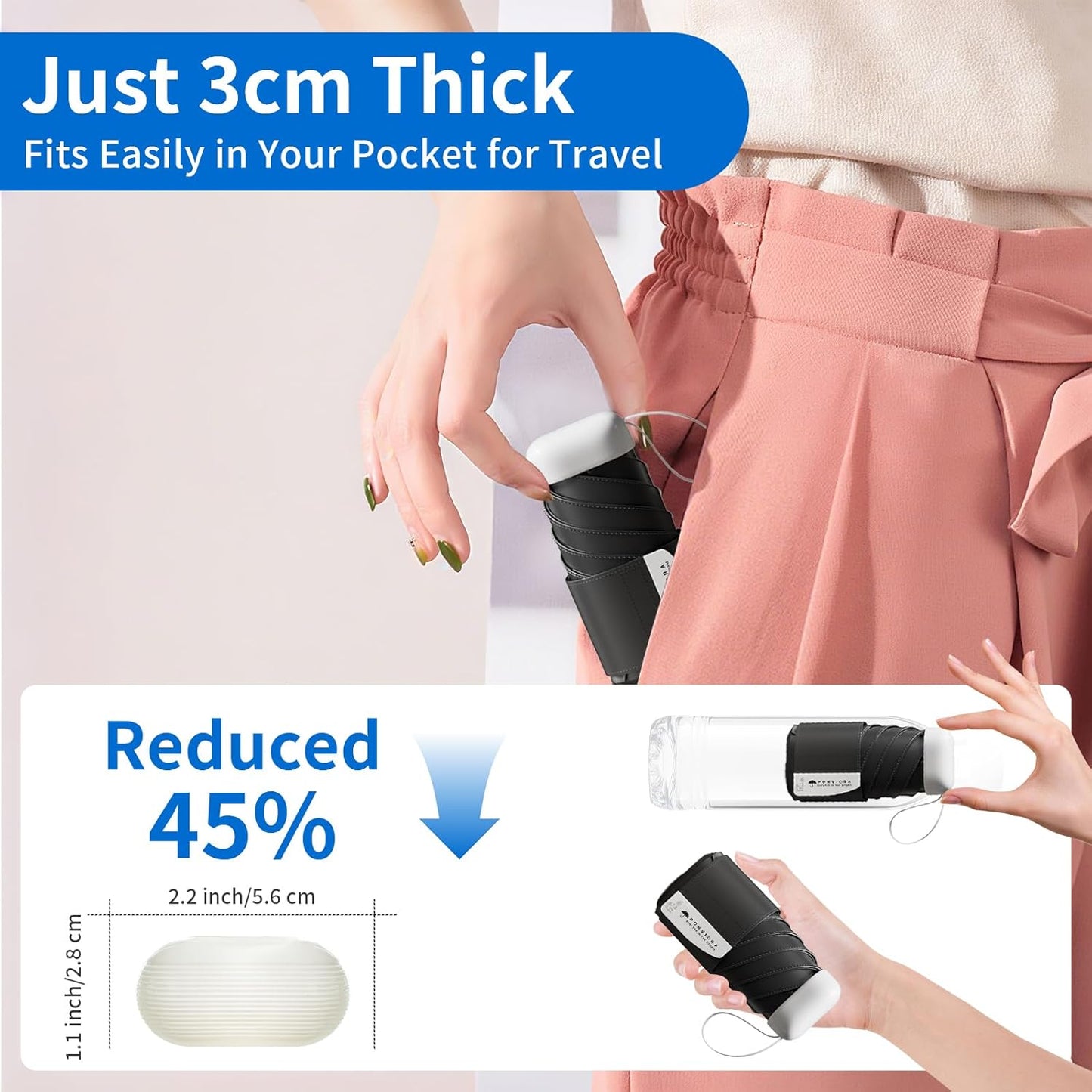 Compact Mini Windproof Travel Umbrella-UPF 50+ Sun & Rain Protection, Small Folding Design Fits in Pocket or Purse, Lightweight Portable with Case for Women, Men & Kids