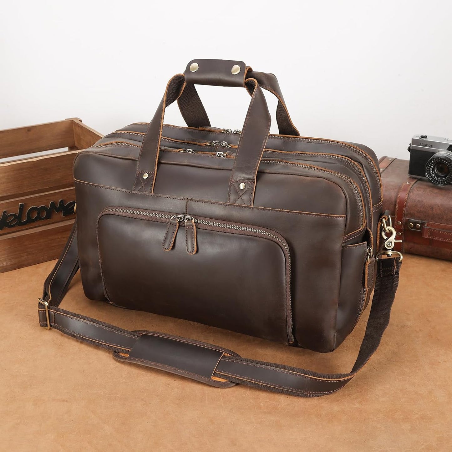 Polare 18" Full Grain Leather Luggage Airlines Personal Item Bag Business Carry On Suitcase Weekender Overnight Travel Duffel Bag for Men (Dark Brown-18.5")