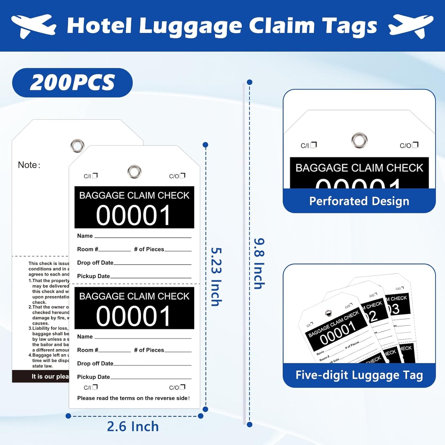 200 Pcs Baggage Claim Tag Hotel Luggage Tag Bulk with White String Paper Baggage Claim Check Tags Perforated Claim Ticket Black Luggage Id Tickets Serial Numbering for Hotel Motel Bag Storage