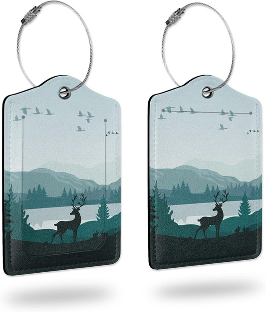 Luggage Tags for Suitcase,2 Pack Misty Forest Deer Leather Travel Cruise Luggage Tag with Privacy Flap,Name ID Label and Metal Loop for Women Girls Suitcase Backpack