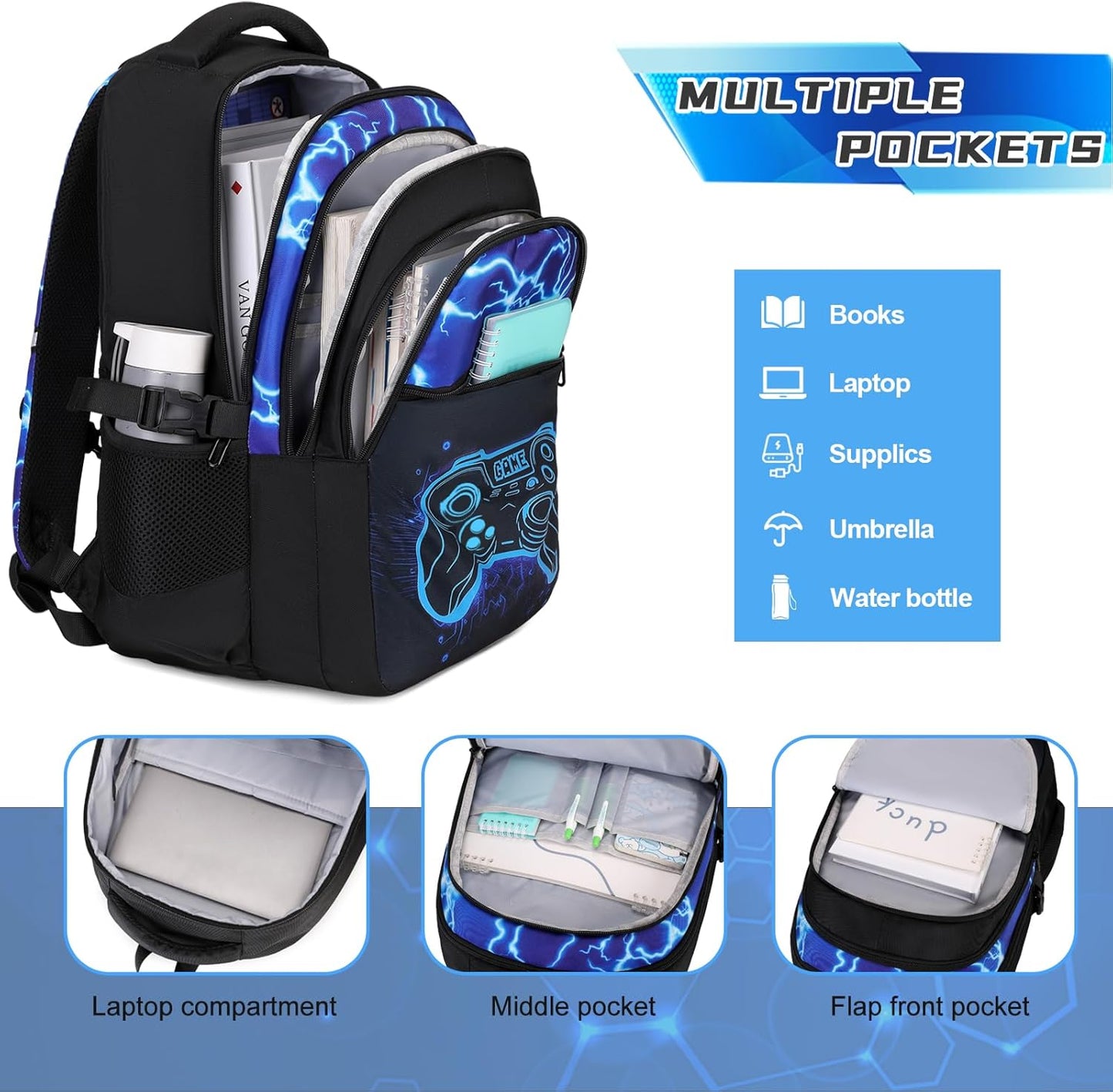 Boys Backpack for School, 3PCS Cool Luminous Gamer Backpack for Boys with Lunch Box Pencil Case, Kids Backpacks Bookbag for Teen Boy Elementary Middle High School with USB Charging Port