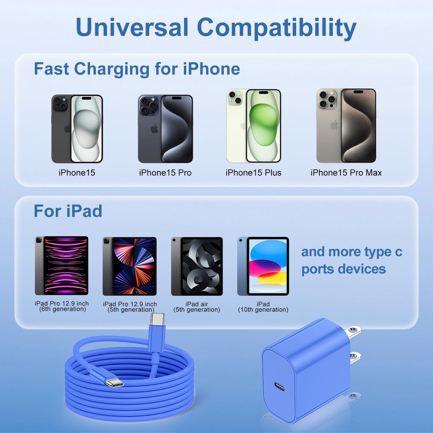 iPhone 17 16 15 Fast Charger Block and 10ft USB C to C Cable Cord Long for Apple iPhone 17 Pro Max/17 Air/16e/16 Plus/15/iPad Mini/Samsung,Type C Wall Charging Power Adapter Plug Cube Brick-Blue