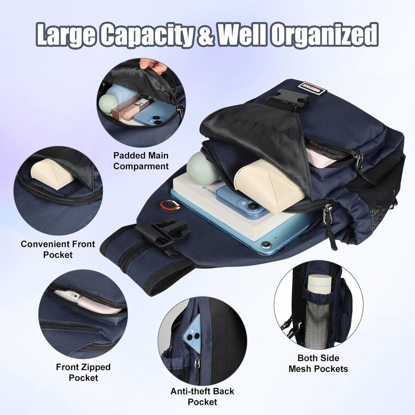 Sling Bag for Women Man, Convertible Sling Backpack with Convertible Shoulder Strap Casual Backpack Daypack for Travel, Hiking and Daily Commute, (Dark Blue, Large)