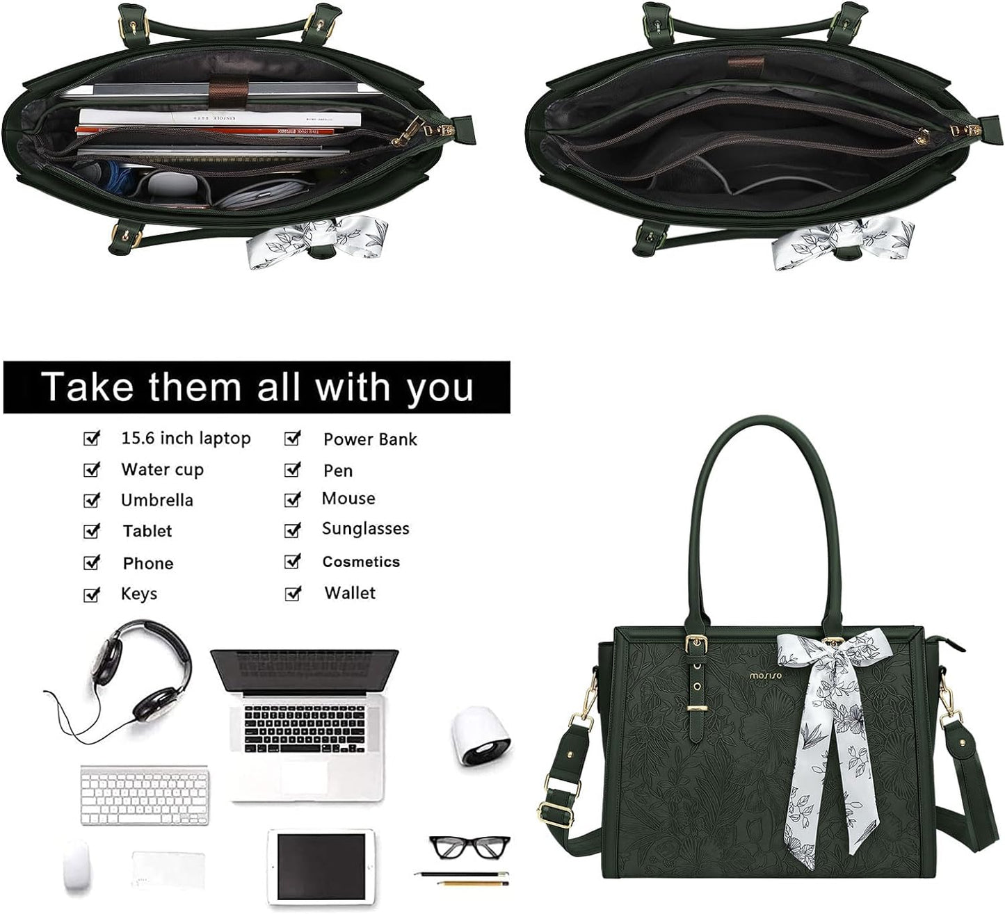 MOSISO Laptop Bag for Women, PU Leather Tote Bag, Front Embossed Retro Hibiscus Computer Bags with Silk Scarf&Clutch Purse