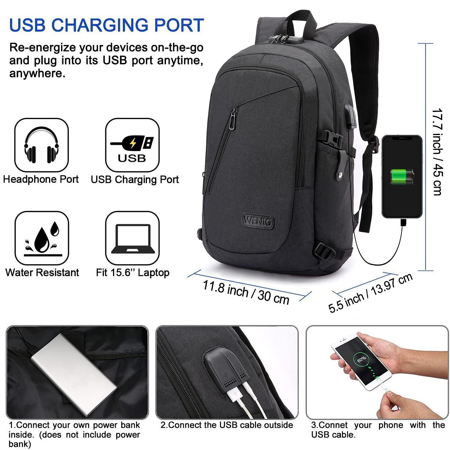 WENIG Anti-Theft Travel Laptop Backpack with USB Charging Port Lock,Water Resistant Slim Work